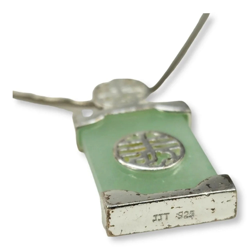 Vintage Jade Pendant Necklace Sterling Silver 925 24.25in Chinese Character 925